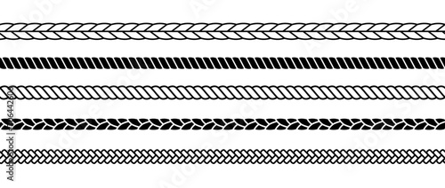 Repeating ropes set. Seamless hemp cord lines collection. Black chain, braid, plait stripes bundle. Horizontal decorative plait pattern. Vector twine design elements for banner, poster, frame