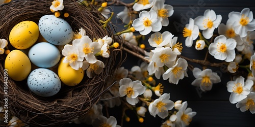 Easter holiday celebration banner greeting card banner - White yellow easter eggs in a bird nest basket and yellow daffodils flowers © Inga