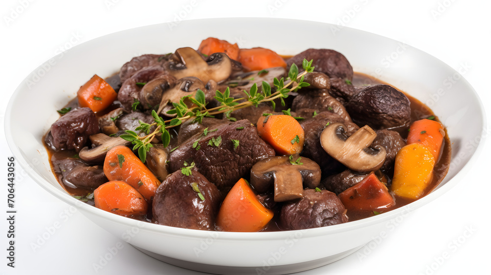 Beef Bourguignon served in a cast iron pot with  carrots, onions and mushrooms side of crusty bread pour in a white bowl with cooking background