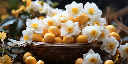 Easter holiday celebration banner greeting card banner - White yellow easter eggs in a bird nest basket and yellow daffodils flowers