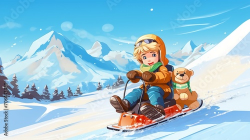 Winter Vector Scene: Child Playing with Teddy Bear on Sled Adventure,