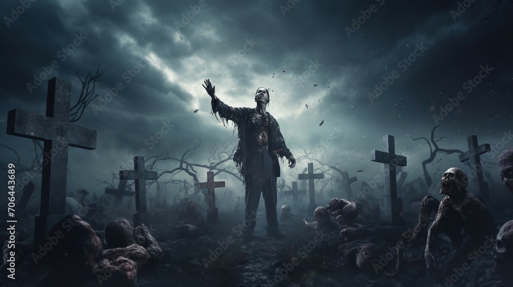 a man in a zombie costume standing in a graveyard
