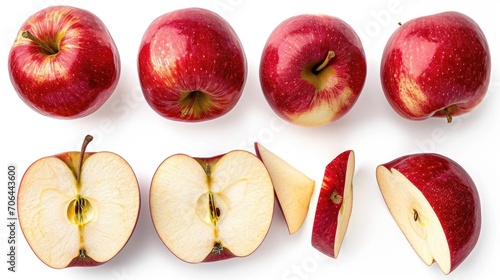 A group of apples cut in half, arranged neatly on a white surface. Ideal for food photography or healthy eating concepts