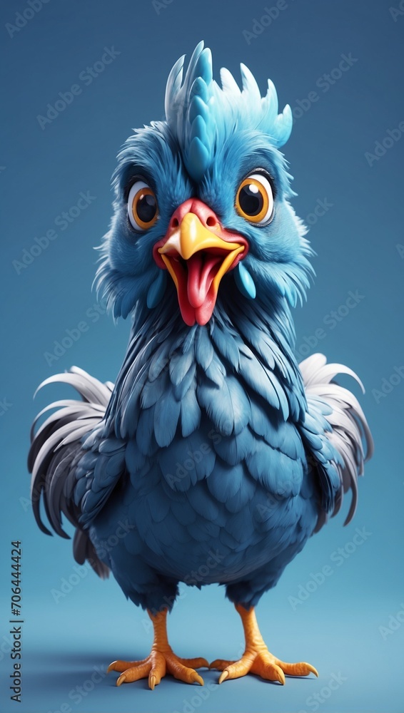 portrait of an angry rooster screaming, blue background 