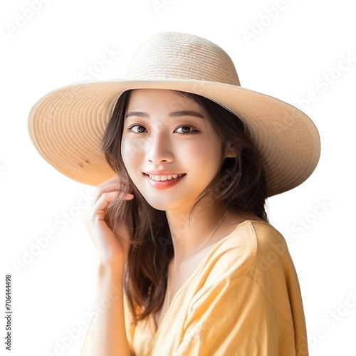 beautiful asian woman wearing straw hat on transparent background