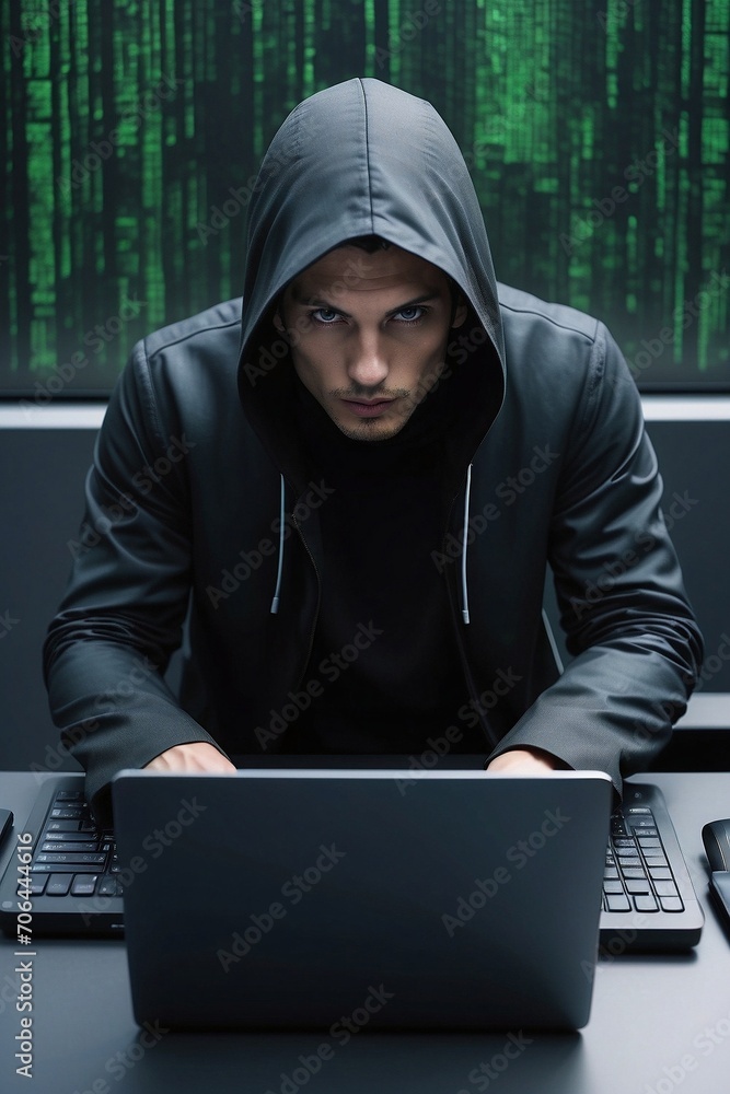 hacker working on laptop with matrix background hacker working on laptop with matrix background