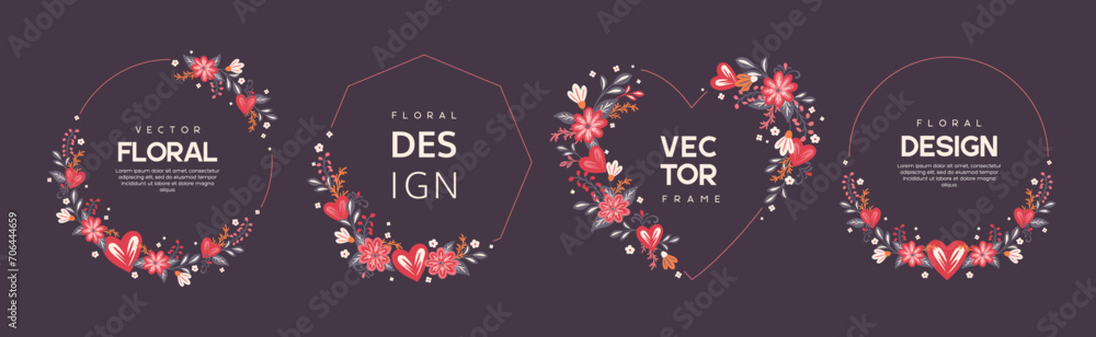 Floral frames with flowers and hearts. Vector frames, borders for Valentines Day, Mothers Day or seasonal cards. Hand drawn doodle style. Floral frames with flowers and hearts. Vector frames, borders for Valentines Day, Mothers Day or seasonal cards. Hand drawn doodle style.