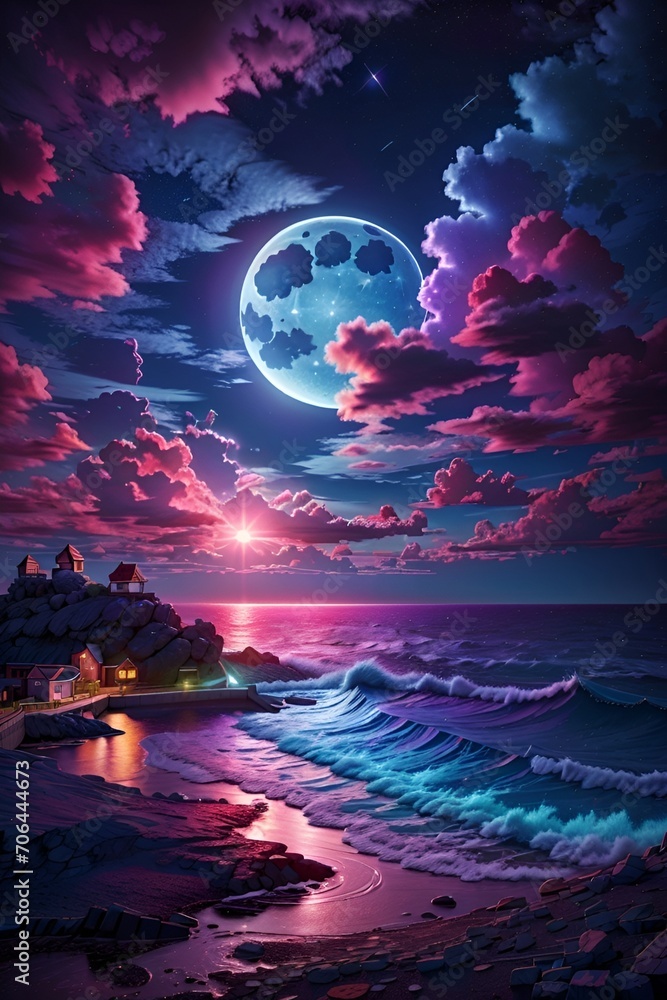 moon over the sea with pinkish purple clouds drreamy illustration