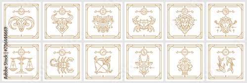 collection of Zodiac astrology horoscope signs linear design vector illustrations set. Elegant line art symbols and icons of esoteric zodiacal horoscope templates for logo or poster