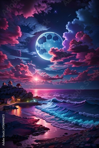moon over the sea with pinkish purple clouds drreamy illustration © Aniruddha