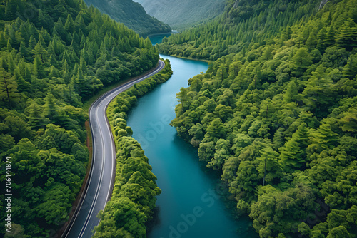 Aerial view of road with green woods by blue lakes water, beautiful view