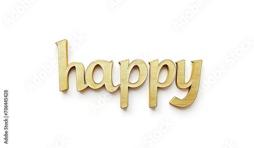 the word "happy" written in bold gold letters in the center, Background soft gray