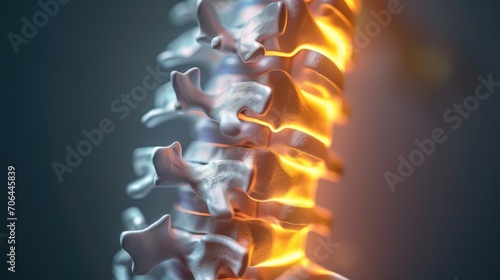A detailed close-up view of a human spine with certain parts glowing. This image can be used to illustrate medical concepts or as a visual representation of the skeletal system.