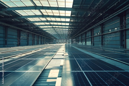 An empty industrial building with solar panels on the roof. Can be used to represent sustainable energy, eco-friendly architecture, or renewable power sources
