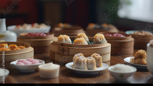 Prawn shrimp shaomai dim sum dumpling in bamboo steamer, Dim sum with shrimp on wooden plate on dark stone table macro close up photo