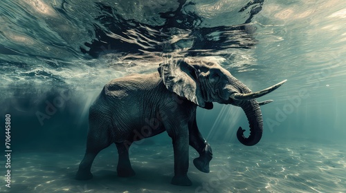 majestic elephant under water. The graceful movements of a giant mammal in a surreal aquatic environment. photo