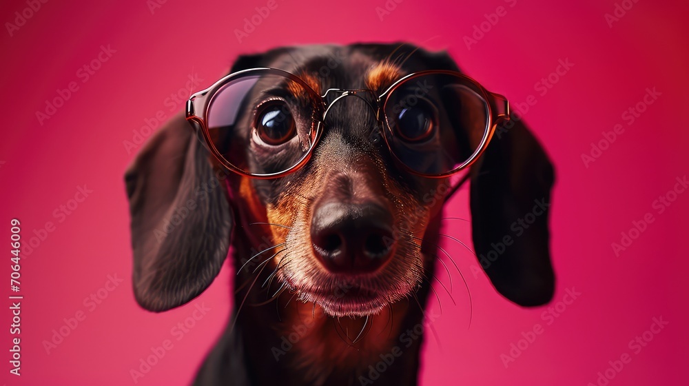 the dog is wearing glasses and looking straight on a dark background. Portrait of a cute dog, studio shot. puppy with glasses on a pink background