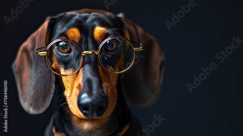 the dog is wearing glasses and looking straight on a dark background. Portrait of a cute dog, studio shot. puppy with glasses