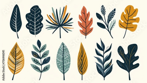 A collection of hand-drawn artistic illustrations of leaves in natural tones.