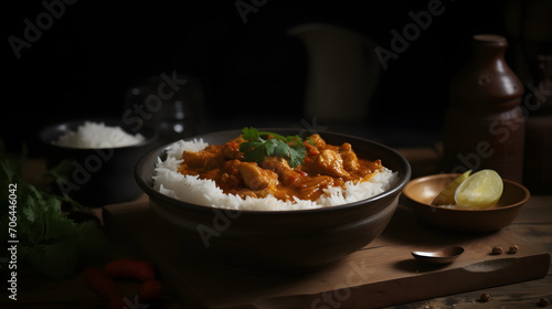 side view of traditional fresh curry with rice fill in the white bowl and garnish with green leaf with aesthetic background