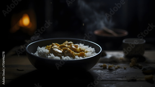 side view of traditional fresh curry with rice fill in the white bowl and garnish with green leaf with aesthetic background