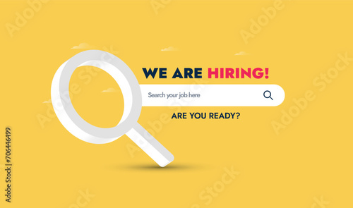 We are hiring. We are hiring announcement cover banner in yellow with a magnifying glass and a search bar. Recruitment agency advertising post. Recruitment concept with a search bar to search for jobs