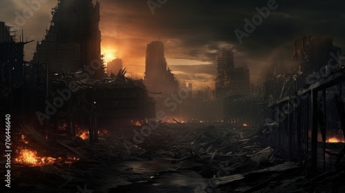 modern city devastated by explosions and chaos, apocalipse