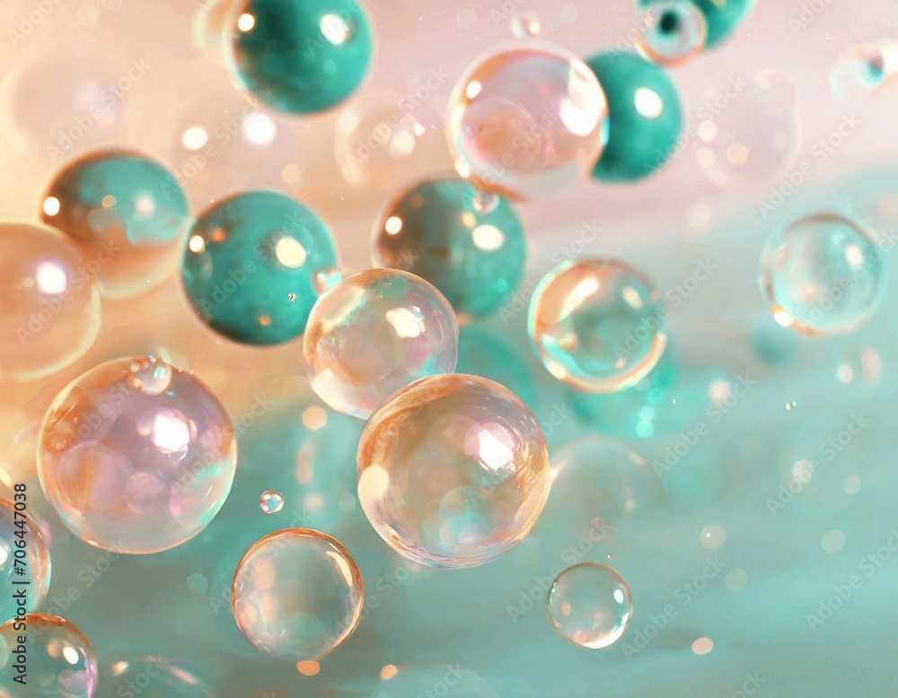 Pastel watercolour background with shiny pearly glass balls and bubbles. 