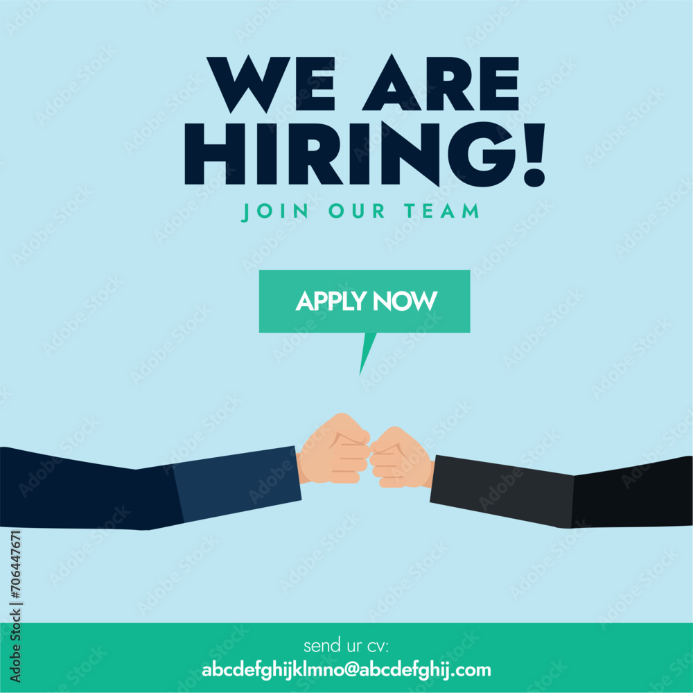 We are hiring. We are hiring, join our team. Job hiring announcement banner with two hands doing fist bump. Job recruitment banner concept. Send your CV apply now. Hiring Facebook post and banner We are hiring. We are hiring, join our team. Job hiring announcement banner with two hands doing fist bump. Job recruitment banner concept. Send your CV apply now. Hiring Facebook post and banner