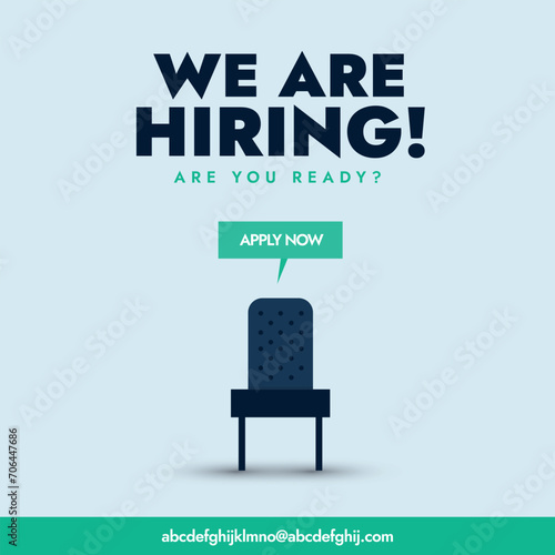 We are hiring Facebook post with an empty chair with apply now call to action. We're Hiring with empty office ready to be occupied by employee. Business recruiting concept. Vector Illustration