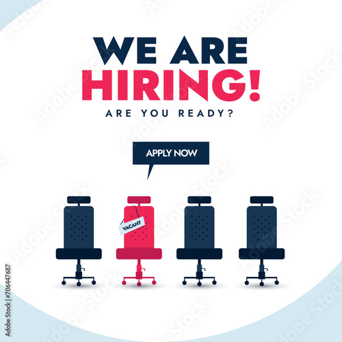 We are hiring cover banner. We are hiring announcement banner with empty office chairs having a vacant sign. Three blue chairs and one red chair with a vacant sign. Job recruitment Facebook post