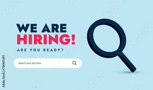 We are hiring, are you ready. We are hiring cover banner with a search bar and big magnifying glass. Search bar text search your job here. Job recruitment Facebook concept banner and social media post