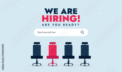 We are hiring. We're hiring Facebook cover banner with empty office chairs ready to be equipped having a vacant sign. Job recruitment cover banner in sky blue colour. Recruitment process concept