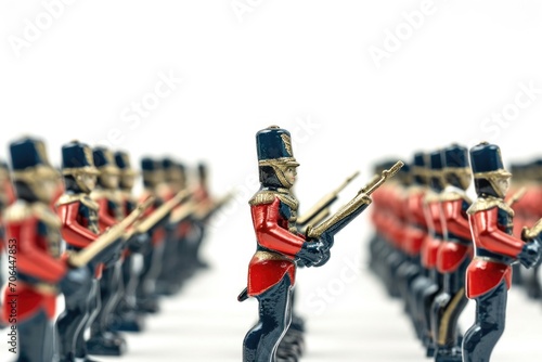 A group of toy soldiers standing next to each other. Perfect for military-themed projects and toy advertisements © Fotograf