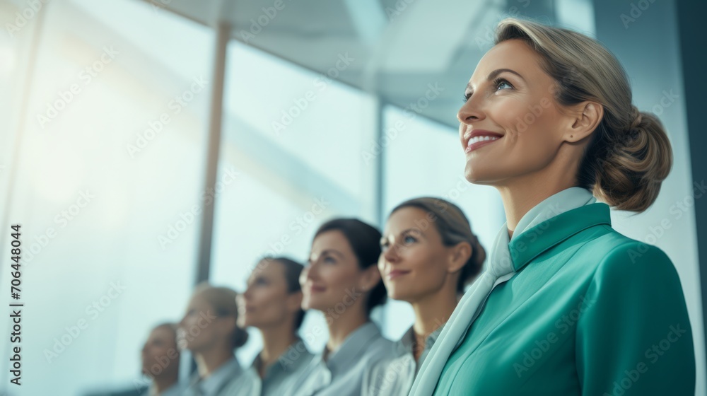 corporate business concept Group of people low angle view modern office,profile view of team corporate businesswoman portrait shot in formal stylish cloth in pastel teal color corporate business concept Group of people low angle view modern office,profile view of team corporate businesswoman portrait shot in formal stylish cloth in pastel teal color