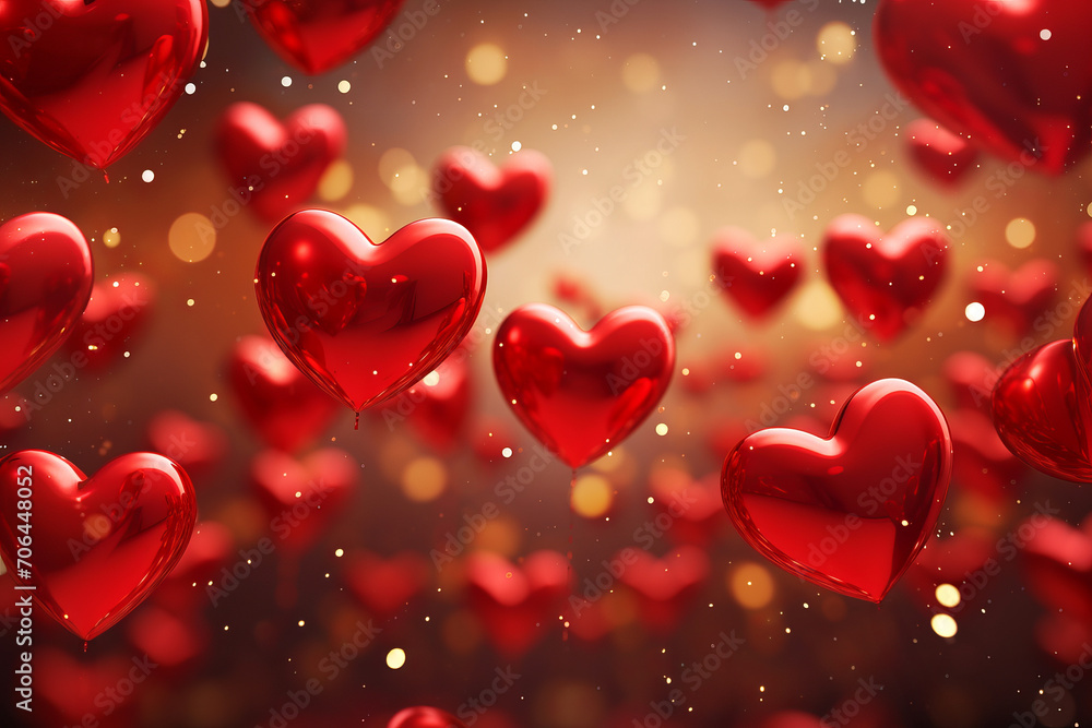 Red heart balloons with golden glitter on dark background, Valentine's Day celebration