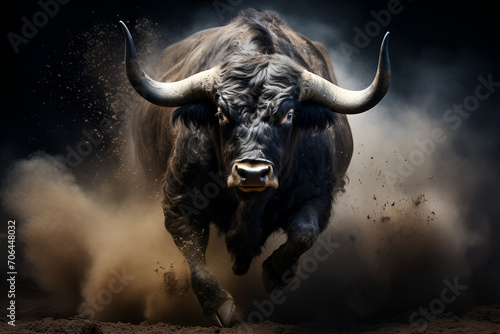 Raging, muscular bull in attack pose