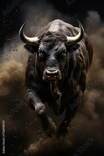 Raging, muscular bull in attack pose