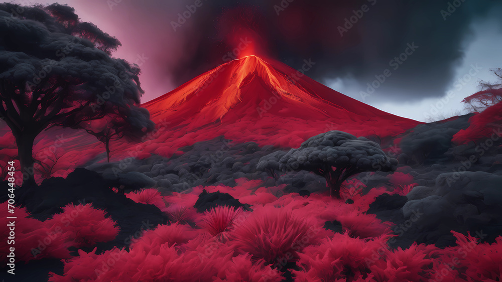 landscape shot of volcano garden and trees, captured using infrared photography, 8K resolution image, smooth and polished. bold red and black colors - obrazy, fototapety, plakaty 