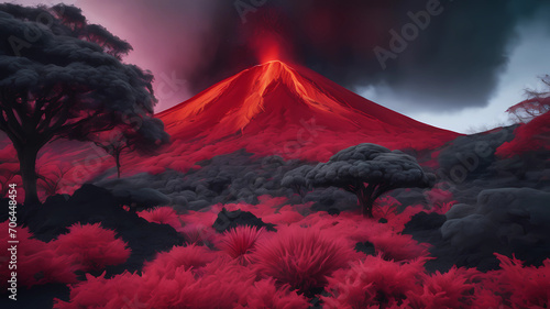 landscape shot of volcano garden and trees, captured using infrared photography, 8K resolution image, smooth and polished. bold red and black colors photo
