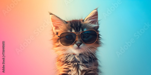 Portrait, of a beautiful, Maine coon, cat, wearing, sunglasses, on a, colorful, background,  Generative AI, Pro Photo  © Saleem