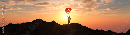 Man on a mountain top with poor weak wifi signal concept 3d render photo