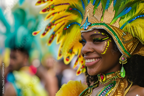 A portrayal of a young woman adorned in a vibrant carnival costume, captured at a festive masquerade