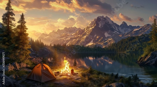 A family camping by a picturesque lake, roasting marshmallows over a crackling campfire as the sun sets behind the mountains --ar 16:9 --v 6 Job ID: c9d70c5b-ed2e-4312-9de9-26c372b3b873