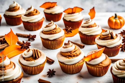 Pumpkin cupcakes on a white table topped with cream cheese frosting and dusted with cinnamon