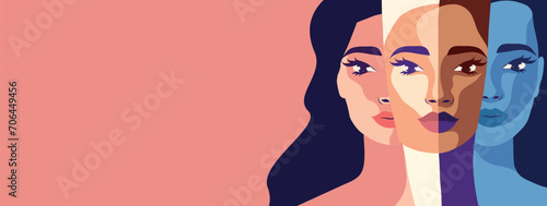 Vector banner with place for text for International Women's Day, different faces of women on a pink background. The concept of the movement for gender equality and women's rights