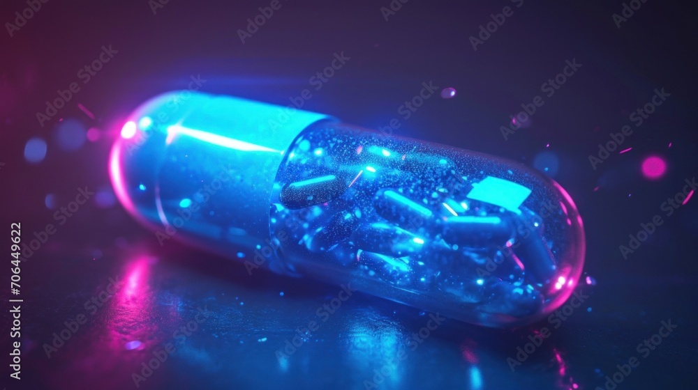Artificial intelligence AI in future Healthcare. Neon pill capsule composed of digital elements on soft, clinical background. Fusion of pharmacology and AI, drug discovery and personalized medication - obrazy, fototapety, plakaty 