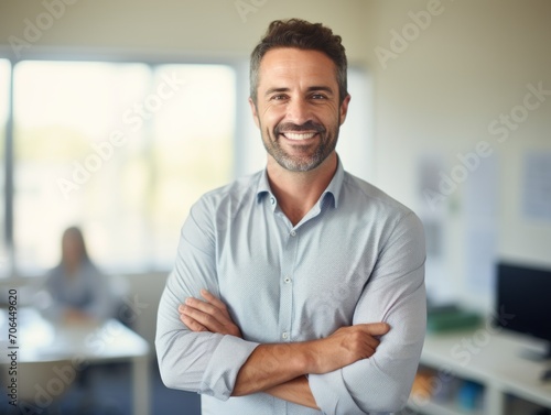smiling male teacher standing in classroom with arms crossed.