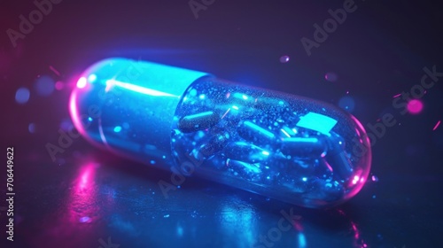 Artificial intelligence AI in future Healthcare. Neon pill capsule composed of digital elements on soft, clinical background. Fusion of pharmacology and AI, drug discovery and personalized medication