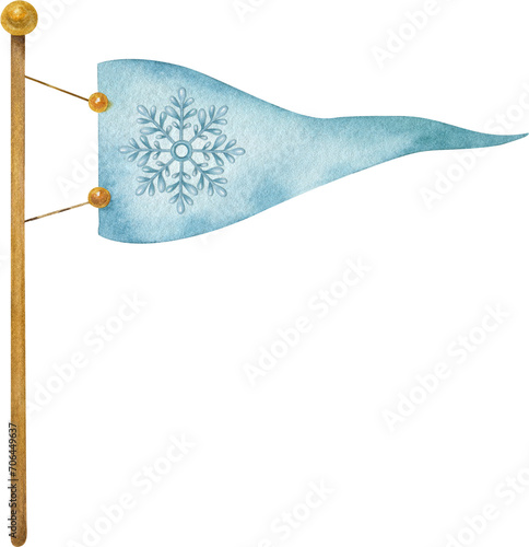 Watercolor illustration of blue flag with snowflake.
Cute winter element.